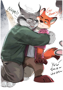 anthro clothing dialogue duo fur grey_body grey_fur hug male male/male no_shoes nuzzling sweater topwear bogexboog disney zootopia nick_wilde pawbert_lynxley canid canine felid feline fox lynx mammal hi_res