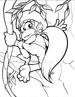 5_toes anthro barefoot biped bottomless butt clothed clothing feet female forest fur hair hat headgear headwear jewelry jungle long_hair plant ponytail prehensile_feet simple_background soles solo toes tree vines white_background angelofvideogames donkey_kong_(series) nintendo dixie_kong haplorhine mammal monkey primate 2011 monochrome signature watermark