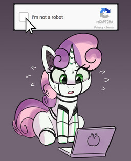 anthro bodily_fluids computer electronics female green_eyes grey_background hair horn laptop machine pink_hair pink_tail purple_hair purple_tail simple_background solo sweat sweatdrop tail white_body pabbley captcha friendship_is_magic hasbro my_little_pony mythology sweetie_belle_(mlp) sweetie_bot_(mlp) equid equine mammal mythological_creature mythological_equine robot unicorn 2022 digital_media_(artwork) hi_res