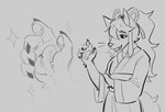 5_fingers anthro asian_clothing claws clothed clothing east_asian_clothing female fingerpads fingers hair hand_focus japanese_clothing kimono long_hair pawpads paws simple_background solo whiskers unknown_artist undertale_yellow ceroba_ketsukane canid canine fox mammal monochrome sketch