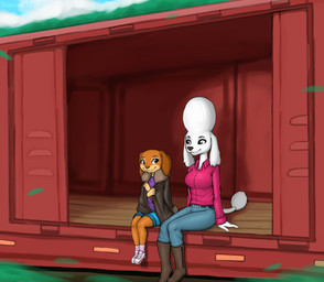 age_difference anthro blue_bottomwear blue_clothing blue_jeans blue_pants blue_shorts boots bottomwear brown_boots brown_bottomwear brown_clothing brown_footwear brown_jacket brown_topwear clothed clothing denim denim_bottomwear denim_clothing duo female female/female footwear inside_train jacket jeans looking_at_another on_train pants pink_clothing pink_footwear pink_shirt pink_shoes pink_socks pink_topwear purple_clothing purple_shirt purple_topwear riding_train shirt shoes shorts sitting socks topwear train train_car vehicle younger_female diacordst nickelodeon nickelodeon_movies paw_patrol delores_(paw_patrol) liberty_(paw_patrol) canid canine canis dachshund domestic_dog hunting_dog mammal poodle