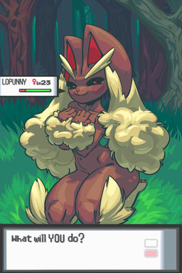 anthro biped black_sclera brown_body female female_symbol gameplay_mechanics gender_symbol grass gui health_bar plant red_eyes smile solo symbol text tree twosipsofbleach cc-by-nc-nd creative_commons nintendo pokemon generation_4_pokemon lagomorph lopunny mammal pokemon_(species) 2:3 absurd_res english_text hi_res