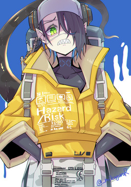 backpack baseball_cap black_hair blue_hair clothing electronics eye_patch eyebrows eyelashes eyewear female green_eyes hair hair_over_eye hand_in_pocket hat headgear headphones headwear highlights_(coloring) humanoid_pointy_ears jacket multicolored_hair pockets pointy_ears pupils sharp_teeth shirt slit_pupils solo tail teeth topwear mikagura arknights hypergryph studio_montagne asbestos_(arknights) amphibian amphibian_humanoid animal_humanoid humanoid salamander_humanoid tailed_humanoid 2022 absurd_res hi_res