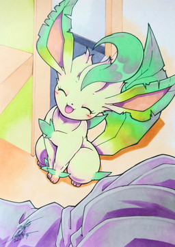 ambiguous_gender blush blush_lines eyelashes eyes_closed feral fur open_mouth paws sitting solo tail tan_body tan_fur tongue 025aki nintendo pokemon eeveelution generation_4_pokemon leafeon pokemon_(species) 2026 absurd_res dated hi_res signature