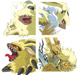 anthro armor claws ear_piercing ear_ring evolutionary_family fluffy fluffy_chest fur group hair hair_over_eyes headgear helmet long_ears male mask orange_eyes piercing ponytail_ears ring_piercing sharp_teeth smile teeth yellow_body yellow_fur portugueselynx bandai_namco digimon angoramon diarbbitmon digimon_(species) humanoid lamortmon symbareangoramon