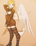 anthro blonde_hair blue_eyes bulge cleavage_cutout clothing cutout feathered_wings feathers femboy hair legwear male muscular muscular_anthro muscular_femboy nipples one_eye_closed simple_background smile solo sweater tail thigh_highs tongue tongue_out topwear wings wink cerezo mythology siegfried angel_dragon dragon feathered_dragon feathered_scalie mythological_creature mythological_scalie scalie