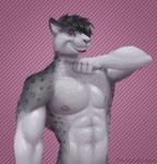 abs anthro fangs fur gesture grey_body grey_fur grey_hair grey_spots hair hand_gesture looking_at_viewer male markings muscular muscular_anthro muscular_male nipples nude pattern_background pecs pink_background pink_nipples pointing pointing_at_neck pointing_at_self purple_eyes simple_background smile solo spots spotted_body spotted_fur striped_background teeth thumbs_up white_body white_fur thejoyfuldragon notthatlox felid mammal pantherine snow_leopard hi_res