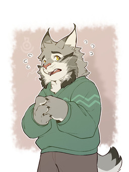 anthro clothing hand_holding male nervous open_mouth simple_background solo standing sweater three-quarter_view topwear variety_yzj disney zootopia pawbert_lynxley canada_lynx felid feline lynx mammal 3:4 half-length_portrait hi_res portrait