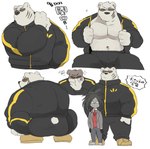 anthro clothing dialogue duo eyewear male muscular muscular_male simple_background sunglasses text topwear tracksuit white_body hyaku_(artist) odd_taxi sekiguchi_(odd_taxi) yano_(odd_taxi) bear eulipotyphlan hedgehog mammal polar_bear ursine hi_res japanese_text