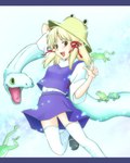 ambiguous_gender clothing duo female female_on_feral feral hat headgear headwear looking_at_viewer open_mouth smile soukosouji touhou suwako_moriya amphibian frog human mammal reptile scalie snake 2011 hi_res letterbox