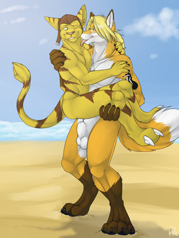 animal_genitalia anthro anthro_on_anthro balls beach blonde_hair blue_eyes brown_body brown_clothing brown_fur brown_hat brown_headwear clothing duo eyewear front_view fully_sheathed fur genitals glasses gloves_(marking) green_eyes grin hair hat headgear headwear holding_another leg_markings licking licking_another long_hair male male/male male_anthro markings mostly_nude narrowed_eyes neck_lick nude pink_tongue rectangular_glasses sheath side_view smile socks_(marking) standing striped_arms striped_legs striped_markings striped_tail stripes tail tail_markings tongue tongue_out white_balls white_body white_fur white_sheath yellow_body yellow_fur solaxe_(artist) ratchet_and_clank sony_corporation sony_interactive_entertainment jcfox ratchet_(ratchet_and_clank) canid canine fox lombax mammal 3:4 hi_res signature