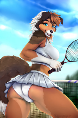 5_fingers anthro black_nose bottomwear breasts brown_body brown_fur brown_hair butt clothed clothed_anthro clothed_female clothing fangs female fingers fur hair humanoid_hands looking_at_viewer looking_back looking_back_at_viewer multicolored_body multicolored_fur net open_mouth open_smile panties skirt smile solo tail teeth tennis_net tennis_racket tongue two_tone_body two_tone_fur underwear white_body white_fur kraven-gothly stacy_(grimsilverfire) canid canine canis collie domestic_dog herding_dog mammal pastoral_dog rough_collie sheepdog hi_res