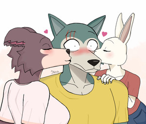 anthro blush bottomwear breasts brown_body brown_fur clothed clothing ears_up eyes_closed female fur grey_body grey_fur group hand_on_shoulder kiss_on_cheek kissing larger_female larger_male logo male male/female pants rabbit_ears rear_view scar shadow shirt simple_background size_difference smaller_female t-shirt text topwear trio white_body mr._maestrello beastars haru_(beastars) juno_(beastars) legoshi_(beastars) canid canine canis domestic_rabbit dwarf_rabbit lagomorph leporid mammal oryctolagus rabbit wolf 2026 absurd_res artist_logo artist_name colored digital_drawing_(artwork) digital_media_(artwork) hi_res shaded signature watermark