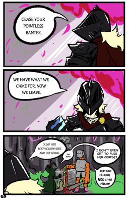 anthro armor blood bodily_fluids death dialogue female gore holding_horn holding_melee_weapon holding_object holding_weapon horn male melee_weapon necrophilia profanity speech_bubble text weapon brradett microsoft the_elder_scrolls lernie_(brradett) argonian canid canine human mammal scalie absurd_res comic english_text hi_res