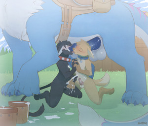 anthro anthro_on_feral balls bestiality bodily_fluids bucket collar container cum cum_in_bucket cum_in_container cum_on_hand farm feral french_kissing genital_fluids genitals group kissing licking male male/male oral penis size_difference tongue silveredge mythology okifur canid canine dragon fox mammal mythological_creature mythological_scalie scalie absurd_res hi_res