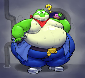 anthro belly big_belly bodily_fluids chubby_cheeks clothed clothing dessert double_chin doughnut eating fingerless_gloves food gloves green_body green_skin hand_on_hip handwear holding_doughnut holding_food holding_object holding_tool holding_wrench inside jumpsuit jumpsuit_down kerchief looking_at_viewer male moobs morbidly_obese morbidly_obese_anthro morbidly_obese_male neckerchief neckwear obese obese_anthro obese_male overweight overweight_anthro overweight_male pastry question_mark solo space spacecraft standing star sweat sweaty_body thick_thighs tools topless vehicle wide_hips window wrench freshsqueezedanny nintendo star_fox slippy_toad amphibian frog toad_(frog)