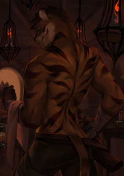anthro bottomwear clothed clothing dagger fur hair looking_at_viewer looking_back male melee_weapon muscular muscular_anthro muscular_male shorts shorts_only smile solo stripes tail topless towel weapon mawarisaka3 felid mammal pantherine tiger 2022 hi_res
