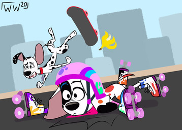 banana_peel black_ears black_nose black_spots clothing collar duo falling female feral footwear fur heterochromatic_ears male orange_spots pink_helmet pink_inner_ear quad_skates red_collar red_spots roller_skates skateboard spots toony vehicle white_body white_fur white_spots whitewolf20xx 101_dalmatian_street 101_dalmatians disney da_vinci_(101_dalmatians) dylan_(101_dalmatians) canid canine canis dalmatian domestic_dog mammal hi_res