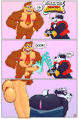 anthro anus balls big_balls big_butt big_penis bottomwear bottomwear_down butt clothed clothing controller cross-popping_vein dialogue duo erection foreskin genital_growth genitals greeting growth male male/male muscular muscular_male nipples open_mouth open_smile pants pants_down partially_clothed pecs penis penis_growth presenting presenting_hindquarters shocked slightly_chubby smile text undressing unretracted_foreskin vein veiny_muscles veiny_penis beefkek bradley_the_badger_(game) donkey_kong_(series) nintendo bradley_(bradley_the_badger) donkey_kong_(character) ape badger gorilla haplorhine mammal mustelid musteline primate comic english_text hi_res