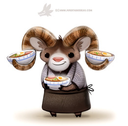 anthro apron beady_eyes black_eyes bowl brown_body brown_fur clothed clothing container egg food fully_clothed fur grey_body grey_fur horn humor male noodles pun ramen simple_background smile solo soup tan_body tan_fur text visual_pun white_background white_body white_fur piper_thibodeau bovid caprine mammal sheep 2016 digital_media_(artwork) digital_painting_(artwork) painting_(artwork) url