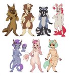 anthro chibi female fur green_eyes green_hair green_tongue hair horn male piercing pink_body pink_fur pink_hair purple_body purple_fur purple_hair simple_background standing tongue tongue_out white_hair lostgoose african_wild_dog canid canine felid feline fox mammal procyonid raccoon true_fox 2024 hi_res