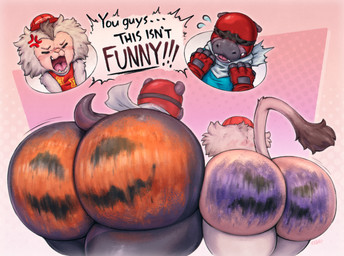 abstract_background angry anthro big_butt blush bodypaint bottomless brown_body brown_fur butt clothed clothing cosplay costume cross-popping_vein duo emanata embarrassed fingerless_gloves freckled_butt freckles fur gloves grey_body grey_skin hairless_butt halloween_costume handwear hat headgear headwear holidays huge_butt jack-o'-lantern male mane mask motion_lines multicolored_body multicolored_fur multicolored_skin open_mouth paint paint_on_butt pink_body pink_skin prank pumpkin_butt rear_view scarf shirt shortstack shortstack_male simple_background size_difference speech_bubble tan_body tan_fur tank_top teeth text thick_thighs topwear wide_hips yelling bitfly donkey_kong_(series) halloween nintendo sly_cooper_(series) sony_corporation sony_interactive_entertainment sucker_punch_productions diddy_kong francis_(bitfly) murray_hippopotamus zuanebul_plum baboon common_hippopotamus hamadryas_baboon haplorhine hippopotamid mammal monkey old_world_monkey primate 2025 absurd_res english_text hi_res signature