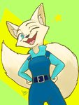 anthro belt blue_eyes clothed clothing fangs female fully_clothed fur green_background inner_ear_fluff looking_at_viewer one_eye_closed open_mouth open_smile simple_background smile solo tan_body tan_fur teeth tongue tuft wink yellow_background marema_kishin disney zootopia skye_(zootopia) arctic_fox canid canine fox mammal true_fox 2021 signature