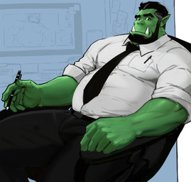 5_fingers beard belly black_eyes black_hair bottomwear bulge clothing collared_shirt dress_shirt eyebrows facial_hair fingers green_body green_skin hair humanoid_hands humanoid_pointy_ears looking_at_viewer male muscular muscular_humanoid muscular_male necktie not_furry overweight pants pen pointy_ears shirt sitting solo thick_eyebrows topwear tusks vein veiny_muscles writing_utensil dopq humanoid orc 2021 hi_res