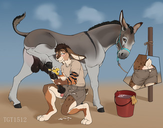 anatomically_correct anatomically_correct_genitalia anatomically_correct_penis animal_genitalia animal_penis anthro anthro_on_feral arm_tuft awkward awkward_smile balls bathing bestiality big_flare black_balls black_body black_fur black_hair black_hooves black_nose black_penis bodily_fluids bottomwear brown_body brown_ear_tips brown_eyes brown_fur brown_hair brown_spots bucket bulge butt butt_close-up cheek_tuft claws close-up closed_smile clothing container cum cum_drip cum_on_body cum_on_clothing cum_on_ground detailed_bulge dipstick_ears dripping duo ear_markings ear_piercing elbow_tuft equine_genitalia equine_penis erection eye_contact facial_tuft fangs feral flared_penis fur genital_fluids genital_outline genitals grey_body grey_clothing grey_fur grey_nose hair halter holding_object holding_penis hooves humanoid_genitalia humanoid_penis inner_ear_fluff long_penis looking_at_another looking_at_butt male male/male male_feral markings mouth_closed multicolored_ears orange_body orange_fur penis penis_outline piercing presenting presenting_balls presenting_penis quadruped raised_leg raised_tail ring_piercing shirt short_hair short_mane short_tail shorts side_view simple_background smile soap soap_bubbles spots spotted_body spotted_markings standing striped_arms striped_body striped_markings stripes t-shirt tail tan_body tan_clothing tan_fur teeth topwear tuft underhoof washing_partner washing_penis water white_body white_fur white_inner_ear white_inner_ear_fluff conditional_dnp tgt1512 asinus donkey equid equine hare lagomorph leporid mammal digital_drawing_(artwork) digital_media_(artwork) flat_colors