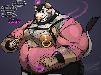 anthro arm_hair barazoku beard belly belly_hair big_belly big_muscles big_nipples big_pecs body_hair bracelet chest_tuft cigar clothed clothing collared_shirt dress_shirt eyeball facial_hair facial_piercing harness holding_cigar holding_object horn huge_pecs jewelry looking_at_viewer male moobs musclegut muscular muscular_arms nipple_fetish nipple_piercing nipple_play nipple_pull nipple_ring nipple_ring_pull nipples nose_piercing nose_ring open_clothing open_shirt open_topwear overweight overweight_male pecs piercing ring_piercing septum_piercing septum_ring shirt smile smoking solo speech_bubble tail tail_tuft talking_to_viewer text topwear tuft nethgoorat european_mythology greek_mythology monster_smash mythology voxotaur bovid bovine mammal minotaur 4:3 english_text