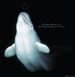 ambiguous_gender black_background black_eyes bubble feral fin looking_up realistic_feral simple_background solo text white_body white_fin namu-the-orca aquatic beluga cetacean mammal monodontid toothed_whale 2025 english_text half-length_portrait portrait watermark