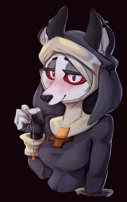 4_fingers anthro black_background black_eyes blush clothed clothing cross cross_necklace dress ear_piercing ear_ring female fingers fur gloves handwear jewelry looking_at_viewer necklace nun piercing red_sclera religion ring_piercing simple_background solo white_body white_fur derpyrider christianity hellaverse helluva_boss mythology loona_(helluva_boss) canid canid_demon canine demon hellhound mammal mythological_canine mythological_creature 2019 hi_res