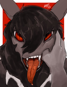 anthro bodily_fluids canine_teeth duo finger_in_mouth fish_hooking hand_in_mouth long_tongue looking_at_viewer male maw_handling mawplay mouth_focus offscreen_character offscreen_male open_mouth pov_hands red_eyes saliva saliva_on_tongue teeth_showing thumb_in_mouth tongue tongue_out neither83 kinktober_2025 the_nature_of_predators vampire venlil_(the_nature_of_predators) 2025 colored hi_res portrait