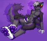 anthro balls bedroom_eyes big_feet blush feet fluffy fluffy_tail foot_focus genitals grey_body heart_symbol humanoid_genitalia leaning leaning_backward looking_at_viewer male narrowed_eyes pawpads penis penis_grab purple_blush purple_eyes purple_pawpads purple_penis seductive simple_background solo tail konejo fruit_(fruit-wolf) canid canine canis mammal wolf absurd_res hi_res