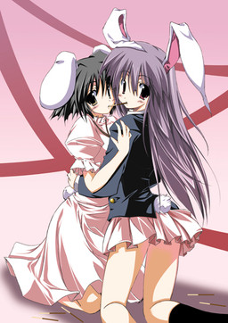 black_hair blush bottomwear brown_eyes clothed clothing dress duo female female/female food footwear gradient gradient_background hair humanoid_on_humanoid knee_highs knee_socks kneeling legwear long_sleeves purple_hair red_eyes short_hair simple_background skirt socks sen_(astronomy) pocky touhou reisen_udongein_inaba tewi_inaba animal_humanoid humanoid lagomorph lagomorph_humanoid leporid_humanoid mammal mammal_humanoid rabbit_humanoid