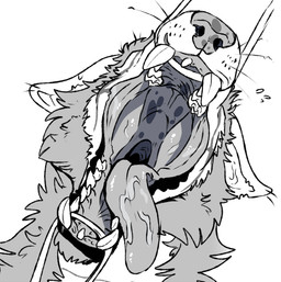 anthro beard bodily_fluids ears_back facial_hair fangs forced front_view grey_body grey_scales male mouth_shot neck_tuft obscured_eyes open_mouth pivoted_ears saliva saliva_on_tongue scales simple_background solo teeth tongue tongue_out tuft unsigned swampjaws hugh_(imperatorcaesar)