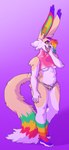 5_fingers 5_toes anthro areola big_ears breasts cheek_tuft clothed clothing facial_tuft feet female fingers fur hair hand_on_face multicolored_areola multicolored_body multicolored_ears multicolored_fur multicolored_hair multicolored_nails multicolored_tail multicolored_tongue open_mouth partially_clothed purple_background rainbow_hair ringed_eyes simple_background smile solo standing tail teeth toes tongue tongue_out topwear tuft two_tone_tongue underwear wolberdan mammal unknown_species hi_res