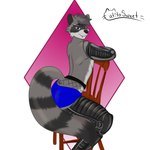 anthro bottomwear chair clothing cybernetic_arm cybernetic_leg cybernetic_limb cybernetics furniture machine male shorts simple_background solo catitosweet cyborg mammal procyonid raccoon 1:1 absurd_res hi_res