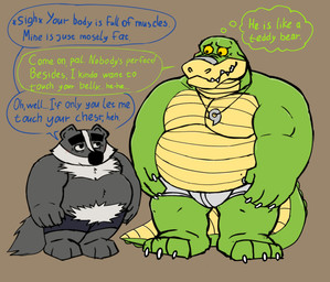 anthro belly black_nose bulge clothing dialogue duo green_body male male/male overweight overweight_male size_difference standing text underwear white_body bencomedion beastly_crimes beastly_crimes_(2024) brok_the_investigator cowcat_games brok_(brok_the_investigator) chief_badger alligator alligatorid badger crocodilian mammal mustelid musteline reptile scalie 2026 english_text hi_res