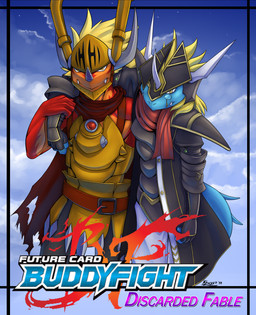 anthro armor belt black_clothing blonde_hair blue_body brown_body clothing duo eyewear glasses hair headgear helmet horn male multicolored_body red_body scarf sharp_teeth simple_background supporting_partner tail teeth teeth_showing text two_tone_body yellow_armor yellow_eyes khayen bushiroad future_card_buddyfight mythology drum_bunker_dragon qinus_axia dragon mythological_creature mythological_scalie scalie 2018 digital_drawing_(artwork) digital_media_(artwork) english_text hi_res signature