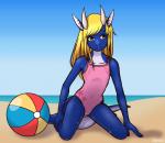 2_horns anthro ball beach_ball blonde_hair blue_body blue_skin butt camel_toe clothed clothing countershade_neck countershade_tail countershade_torso countershading female hair horn inflatable long_hair navel_outline one-piece_swimsuit pose sea solo swimwear tail water white_horn yellow_eyes young young_anthro k0yangi european_mythology mythology arki_(schilka) dragon lizard mythological_creature mythological_scalie reptile scalie western_dragon absurd_res hi_res pinup