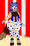 anthro big_breasts big_feet blue_hair breasts brown_body brown_eyes brown_fur circus circus_tent clown clown_girl clown_makeup clown_nose ear_piercing feet female fur hair heart_piercing huge_breasts lips lipstick makeup piercing polka_dots pouting smile smirk stripes thick_lips wide_hips mikathefluffywolf mika_elendil_(mikathefluffywolf) canid canine canis hybrid mammal wolf wolf_zebra zebra_wolf hi_res