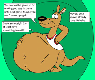 ambiguous_gender ambiguous_prey belly big_belly black_nose clothing duo hand_on_belly looking_at_belly looking_at_prey looking_down male male_pred navel shirt talking_to_prey tank_top topwear vore heavymetalrules nickelodeon the_loud_house crikey_(the_loud_house) kangaroo macropod mammal marsupial red_kangaroo 2026 hi_res