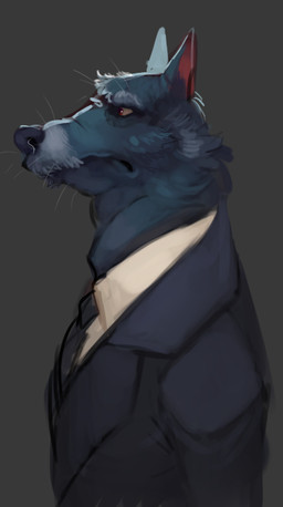 anthro black_clothing black_necktie black_topwear black_vest closed_frown clothed clothing double_chin eyebrows frown fur grey_background grey_body grey_fur male mature_anthro mature_male mouth_closed necktie side_view simple_background snout solo suit topwear vest whiskers white_clothing white_topwear yellow_sclera pajamamcham canid canine canis mammal wolf half-length_portrait portrait shaded soft_shading