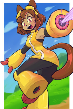 anthro arm_cannon armor armored_boots butt clothed clothing club_arms eyewear fangs female gauntlets gloves goggles hair handwear laser looking_at_viewer low-angle_view open_mouth pink_eyes short_hair sky smile solo tail teeth weapon_arm miau_nah gameoverse glitch_productions kit_bodega domestic_cat felid feline felis mammal absurd_res digital_media_(artwork) hi_res