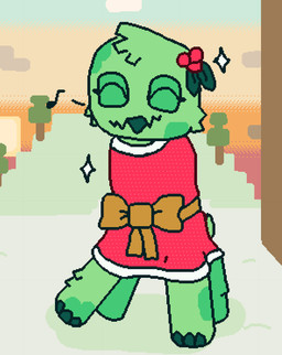 4_legs bow_dress bow_ribbon cheek_tuft christmas_clothing clothing cloud dancing detailed_background dress eyelashes eyes_closed facial_tuft fangs feet female feral fluffy green_body happy head_tuft hill holidays holly_(plant) mottled musical_note musical_symbol open_mouth open_smile plant red_clothing red_dress short_tail singing sky smile snow solo sparkles standing sun sunset symbol tail teeth three-quarter_view toes tree tuft pixel_vibri christmas microsoft minecraft mojang xbox_game_studios rose_(pixel_vibri) creeper_(minecraft) 2025 aliasing digital_media_(artwork)