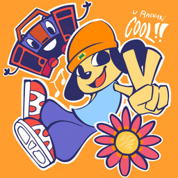 ambiguous_gender anthro beanie bottomwear clothed clothed_anthro clothing duo electronics flower footwear fully_clothed fully_clothed_anthro gesture hand_gesture hat headgear headwear jukebox musical_note musical_symbol orange_background pants plant shoes simple_background sleeveless_shirt sneakers symbol text v_sign dteedraws parappa_the_rapper sony_corporation sony_interactive_entertainment boxy_boy parappa animate_inanimate canid canine canis domestic_dog mammal 2025 absurd_res digital_drawing_(artwork) digital_media_(artwork) english_description english_text full-length_portrait hi_res portrait male_(lore)