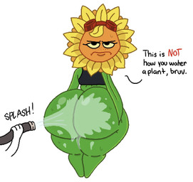 annoyed big_butt black_clothing black_crop_top black_eyebrows black_eyes black_shirt black_topwear blonde_hair butt butt_grab butt_squish clothing crop_top dialogue eyebrows eyelashes eyewear eyewear_on_head female flower freckled_face freckles garden_hose goggles goggles_on_head green_body hair hand_on_butt hand_on_own_butt hose huge_butt looking_at_viewer looking_back looking_back_at_viewer not_furry onomatopoeia orange_face petal_hair petals plant pseudo_hair rear_view red_eyewear red_goggles shirt simple_background solo sound_effects spraying_water squish talking_to_viewer text thick_thighs topwear water white_background yellow_petals yellow_sclera theslashfive electronic_arts plants_vs._zombies plants_vs._zombies_heroes popcap_games solar_flare_(pvz) elemental_creature elemental_humanoid flora_fauna flower_creature humanoid plant_humanoid sunflower_(pvz) 2026 colored digital_media_(artwork) english_text flat_colors hi_res