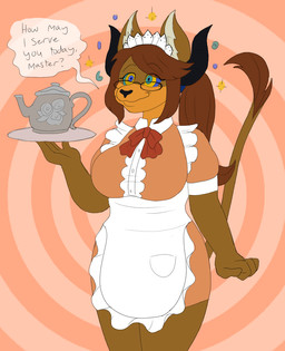 anthro big_breasts breasts brown_body brown_fur brown_hair clothed clothing eyewear female fur glasses hair horn hypnosis master mind_control ringed_eyes smile solo standing text uniform waiter darkwhenmilked thatotherredsnakeguy ace_attorney capcom swan_lovejoy bovid bovine canid canine canis cattle hybrid mammal wolf 2018 english_text
