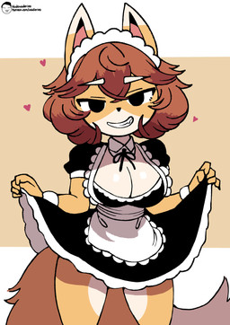 5_fingers accessory anthro apron big_tail biped black_eyes black_nose bow_tie breasts brown_hair claws clothed clothed_anthro clothed_female clothing clothing_lift dipstick_ears dipstick_tail dress dress_lift ear_markings eyebrows female female_anthro fingers frilly frilly_accessory frilly_apron frilly_clothing frilly_dress frilly_hairband fur glistening glistening_breasts hair hair_accessory hairband heart_symbol looking_at_viewer maid_headdress maid_uniform markings multicolored_body multicolored_ears multicolored_fur orange_body orange_fur orange_tail pink_inner_ear pointy_ears shirt_collar simple_background smile smiling_at_viewer solo string_bow_tie tail tail_markings tan_background teeth text uniform white_background white_body white_ear_tips white_eyebrows white_fur white_tail_tip voider_(artist) bully_fox canid canine fox mammal 2025 absurd_res artist_name digital_media_(artwork) hi_res url